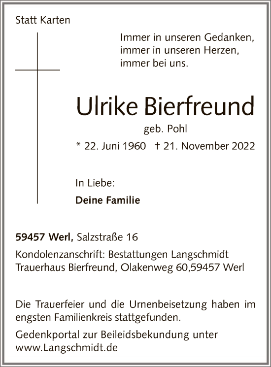 Todesanzeige von Ulrike Bierfreund von WA