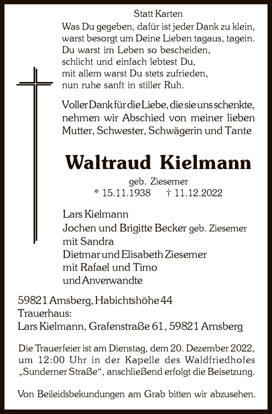 Todesanzeige von Waltraud Kielmann von WA