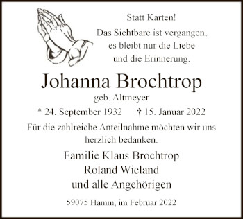 Todesanzeige von Johanna Brochtrop von WA