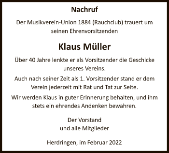 Todesanzeige von Klaus Müller von WA