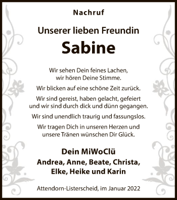 Todesanzeige von Sabine  von WA