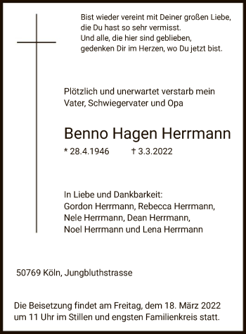 Todesanzeige von Benno Hagen Herrmann von WA