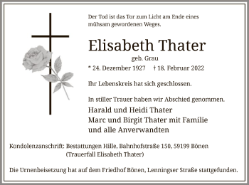 Todesanzeige von Elisabeth Thater von WA