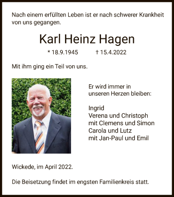 Todesanzeige von Karl Heinz Hagen von WA