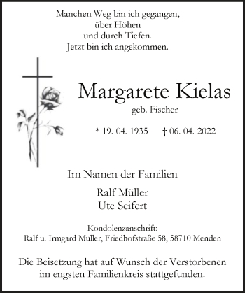 Todesanzeige von Margarete Kielas von WA