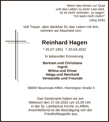 Todesanzeige von Reinhard Hagen von WA