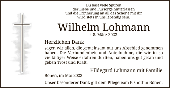 Todesanzeige von Wilhelm Lohmann von WA