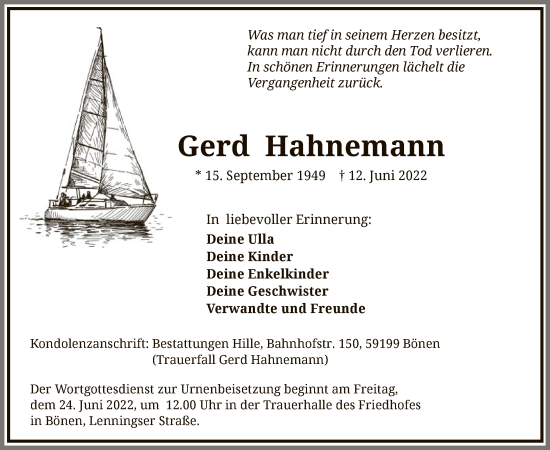 Todesanzeige von Gerd Hahnemann von WA