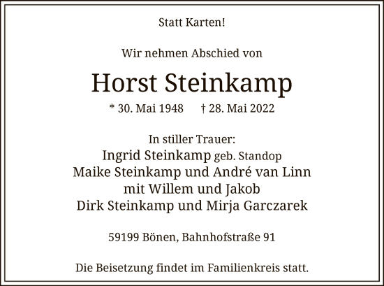 Todesanzeige von Horst Steinkamp von WA