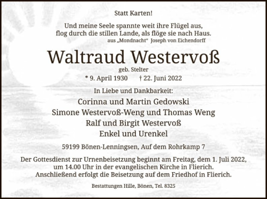 Todesanzeige von Waltraud Westervoß von WA