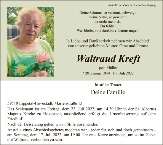 Todesanzeige von Waltraud Kreft von WA