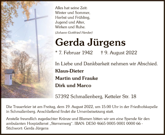 Todesanzeige von Gerda Jürgens von WA