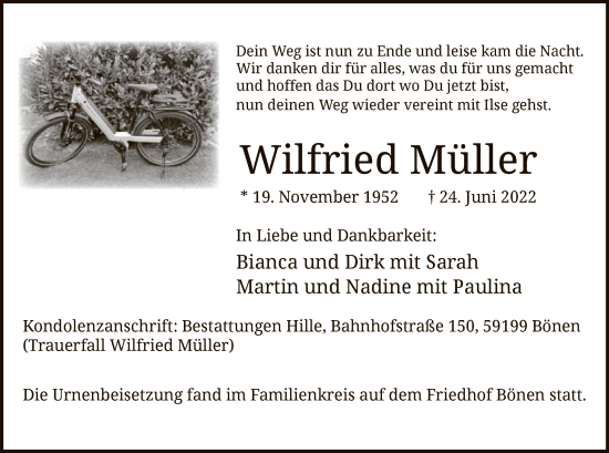 Todesanzeige von Wilfried Müller von WA