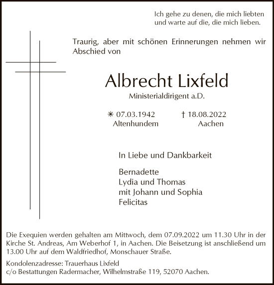 Todesanzeige von Albrecht Lixfeld von WA