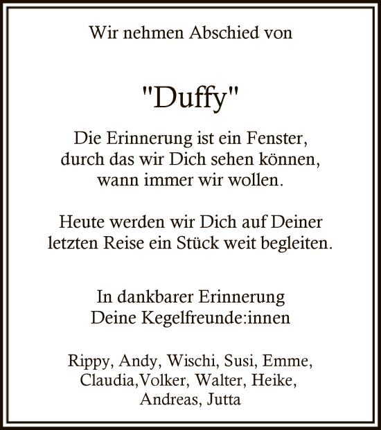 Todesanzeige von Duffy  von WA