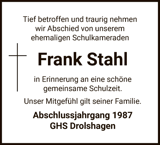 Todesanzeige von Frank Stahl von WA