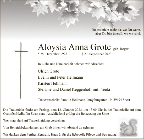 Todesanzeige von Aloysia Anna Grote von WA