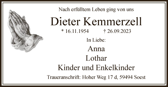 Todesanzeige von Dieter Kemmerzell von WA