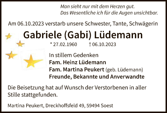 Todesanzeige von Gabriele Lüdemann von WA