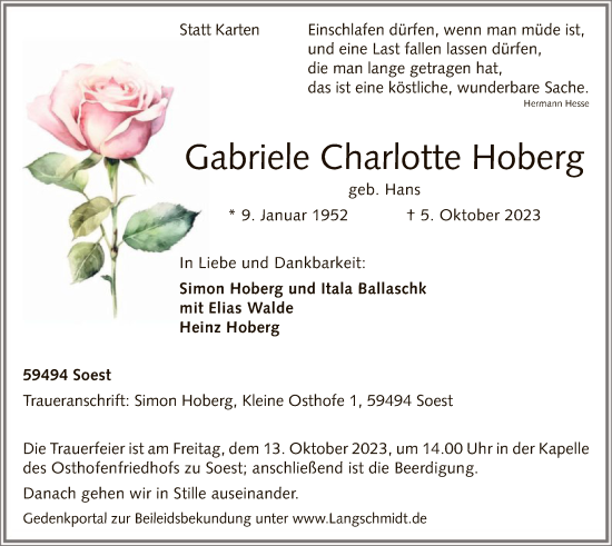 Todesanzeige von Gabriele Charlotte Hoberg von WA