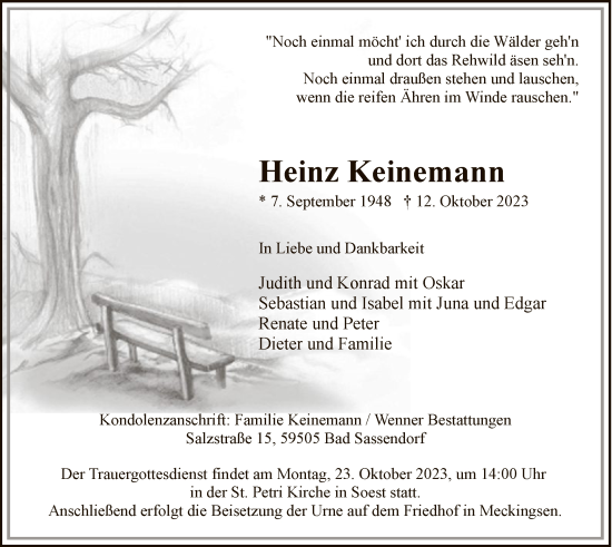 Todesanzeige von Heinz Keinemann von WA