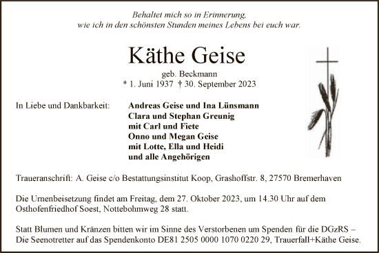 Todesanzeige von Käthe Geise von WA