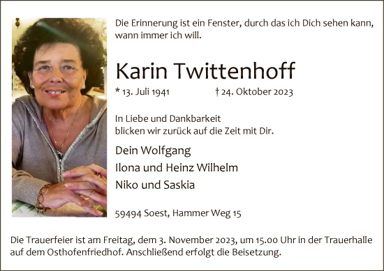 Todesanzeige von Karin Twittenhoff von WA