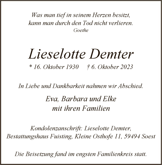 Todesanzeige von Lieselotte Demter von WA