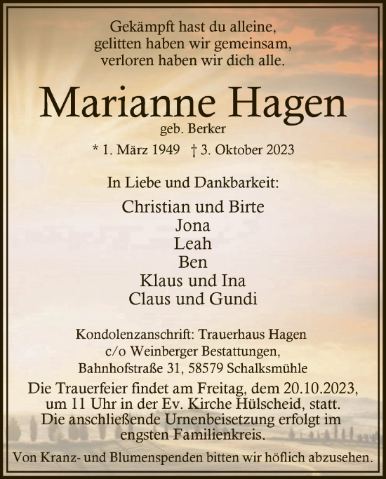 Todesanzeige von Marianne Hagen von WA