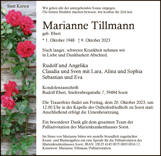 Todesanzeige von Marianne Tillmann von WA