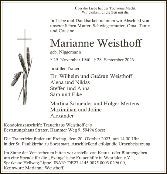 Todesanzeige von Marianne Weisthoff von WA