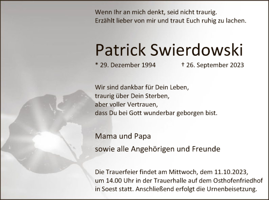 Todesanzeige von Patrick Swierdowski von WA