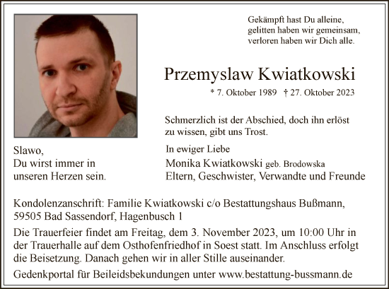 Todesanzeige von Przemyslaw Kwiatkowski von WA