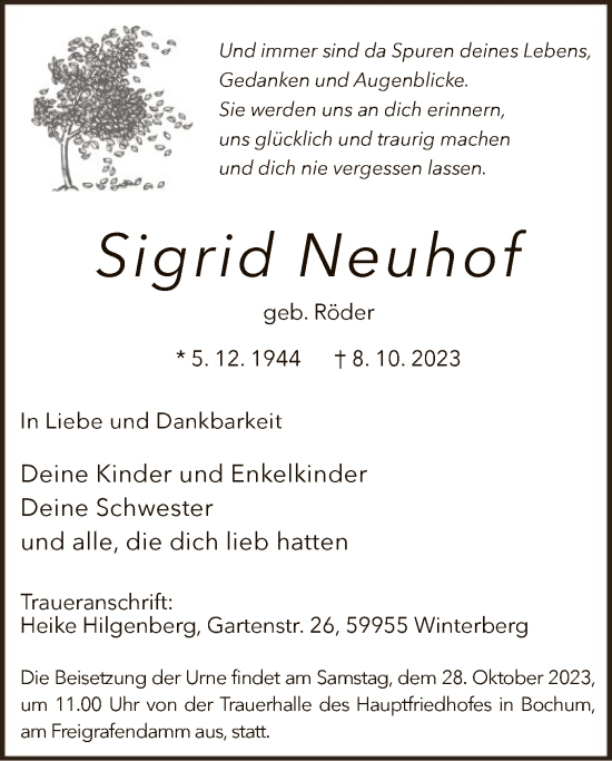 Todesanzeige von Sigrid Neuhof von WA