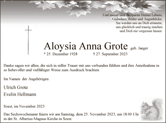 Todesanzeige von Aloysia Anna Grote von WA