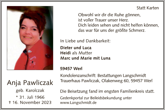 Todesanzeige von Anja Pawliczak von WA