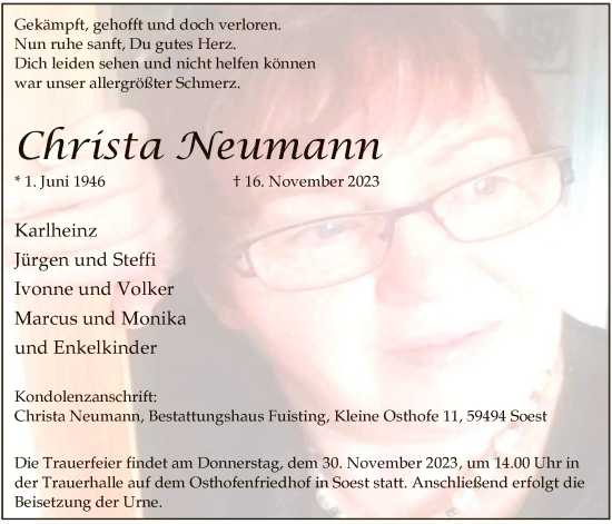 Todesanzeige von Christa Neumann von WA