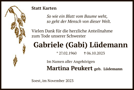 Todesanzeige von Gabriele Lüdemann von WA