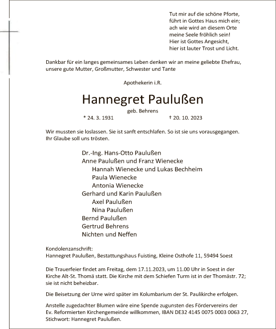 Todesanzeige von Hannegret Paulußen von WA