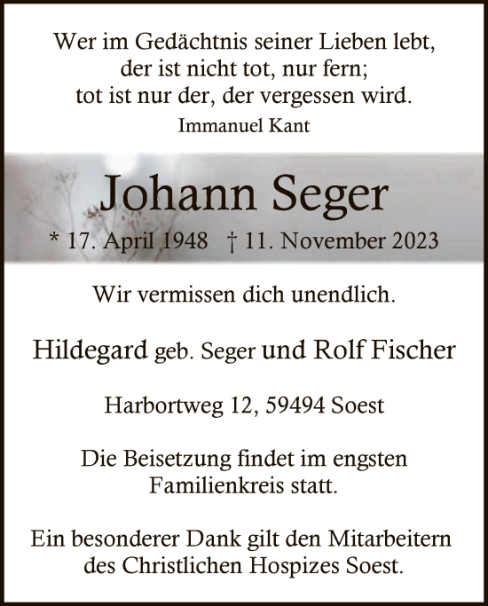 Todesanzeige von Johann Seger von WA