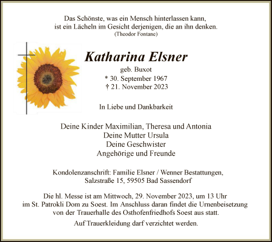 Todesanzeige von Katharina Elsner von WA