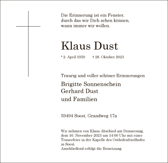 Todesanzeige von Klaus Dust von WA