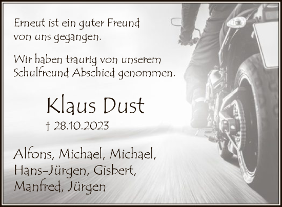 Todesanzeige von Klaus Dust von WA