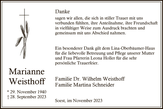 Todesanzeige von Marianne Weisthoff von WA