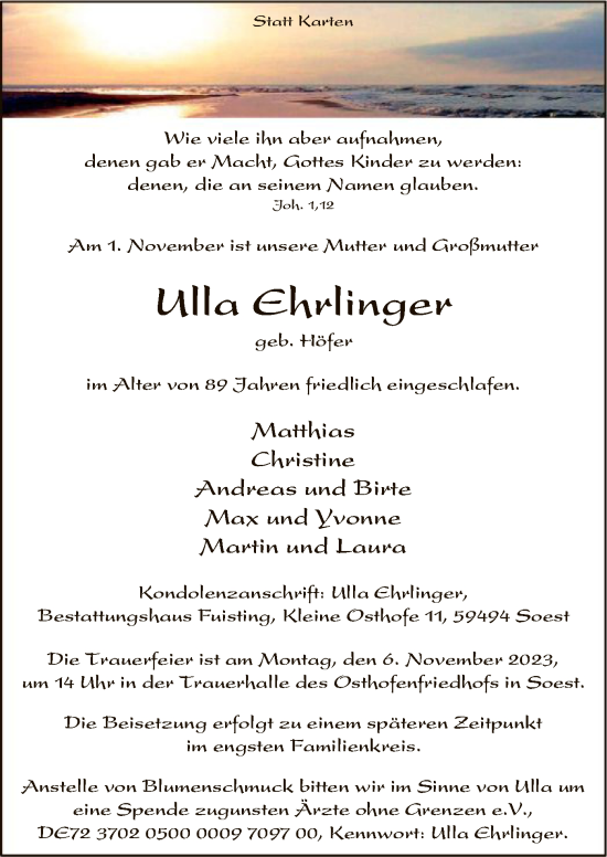 Todesanzeige von Ulla Ehrlinger von WA