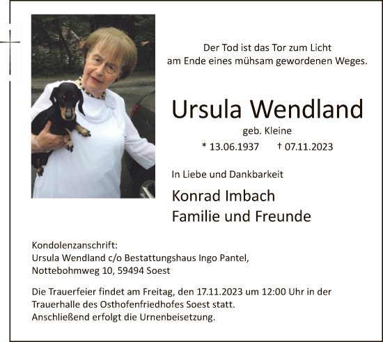 Todesanzeige von Ursula Wendland von WA