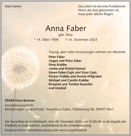 Todesanzeige von Anna Faber von WA