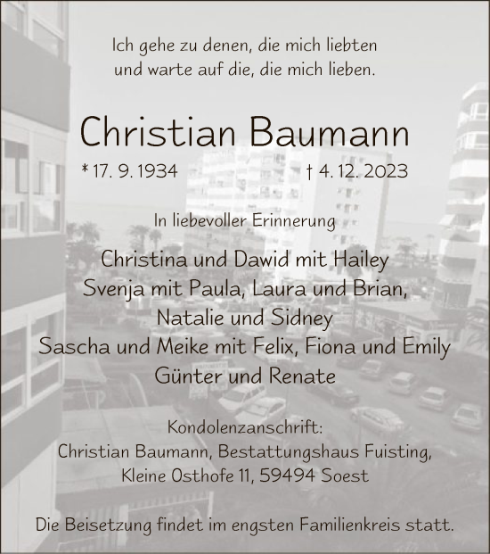 Todesanzeige von Christian Baumann von WA