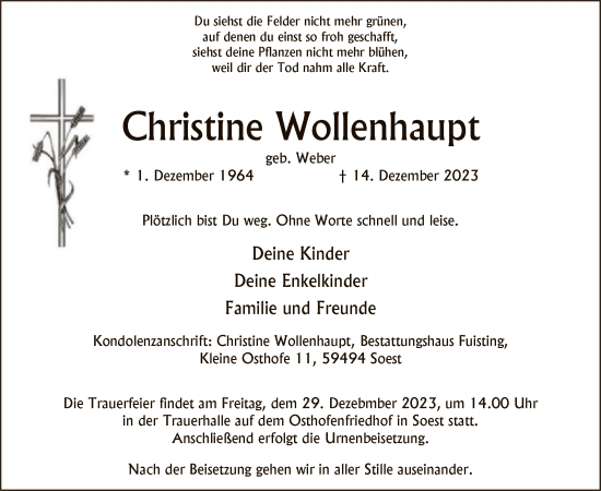 Todesanzeige von Christine Wollenhaupt von WA