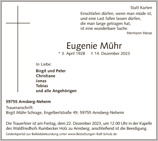 Todesanzeige von Eugenie Mühr von WA